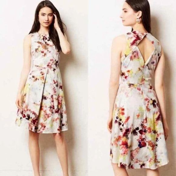 Anthropologie Hunter Bell NYC Kukka Digital Fit & Flare Dress Watercolor Size 6P - Picture 1 of 9